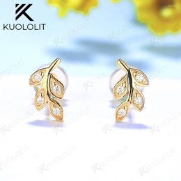 Stud Earrings Kuololit Lab Grown Diamond Solid 18K 14K Gold Round Stone For Women Leaf Shape Fine Jewelry Wedding Engagement