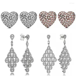 Stud Earrings 925 Sterling Silver Sparkling Pattern Heart Cascading Glamour Earring With Crystal For Women Gift Fashion Jewelry