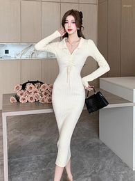 Casual Dresses Sweater Knitting Stretchy Women Ladies Solid Basic Polo Slim Dress Mujer Vestidos Robe Femme Street Clothes