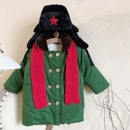 Ethnic Clothing 2024 Winter Children's For Girls Boys Thick Breasted Long Military Coat Scarf Hat Tang Suit Set Green Jacket Parkas