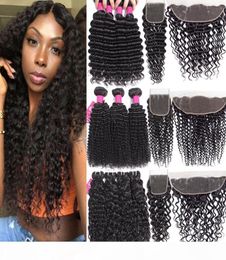 9A Brazilian Deep Wave Bundles With Closure 4X4 Lace Closure Or 13X4 Lace Frontal Deep Curly Water Straight Loose Human Hair Bundl3670528