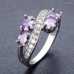 Cluster Rings Romantic Female 925 Sterling Silver Purple Round Row Zircon For Women Promise Love Wedding Statement Jewellery Gift