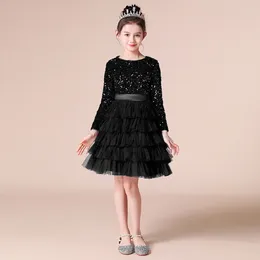 Girl Dresses YZYmanualroom Flower Glitter Sequins Long Sleeves Tulle Concert Princess Gown Short Junior Bridesmaid Dress
