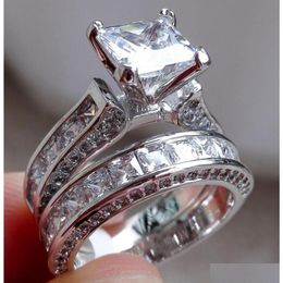 Couple Rings Luxury Size 5678910 Jewellery 10Kt White Gold Filled Topaz Princess Cut Simated Diamond Wedding Ring Set Gift Ab1846742075 Dhe3I