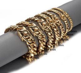 Gold Colour Stainless Steel Miami Curb Cuban Link Chain Bracelet Bangle 711 Inches Customised Length For Men 81012141618mm6427828