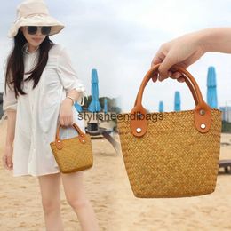 Totes Vintage Ratan Bucket Bag Wicker Woven Women Handbags Handmade Summer Beach Bags Small Straw Basket Casual Bali Purses 2023H24217