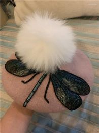 Berets 202401-shi Wool Felt Dragonfly Embroidered Pure White Fur Ball Lady Beret Hat Women Leisure Painter Cap