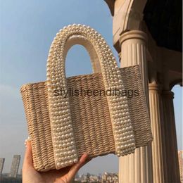 Totes Fashion Pearls Handle Women Handbags Designer Beaded Straw Bags Luxury Pearl Rattan Tote Wicker Woven Large Summer Beach PurseH24217