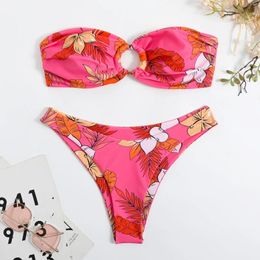 Women's Swimwear Women Floral Print Bandeau Ring Bikini Sets Two Pieces Thong Swimsuit Bathing Suit Beach Outfits Biquini