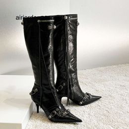 Boots Cagole belt buckle decoration knee high boots womens leather side zipper pointed sexy fashion luxury designer factory shoes walk show boot