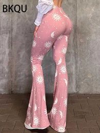 Women's Jeans BKQU 2023 Pink Casual Flare Pants For Women Streetwear Kawaii Sweet High Waist Print Elastic Trousers Wholesale Hot Sale Bottoms J240202 J240217