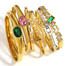 Bangle AENSOA 316L Stainless Steel Luxury Inlaid Green White Rhinestone Bracelet For Women Design Wide Wrist Jewelry