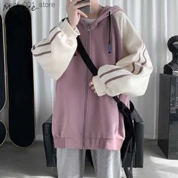 Men's Hoodies Sweatshirts Contrast Hoodies Men S-3XL Sweatshirts Man Side Striped Harajuku Zipper BF Hoodie Couples Preppy Style Streetwear Zip Up Casual Q240217