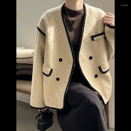Women's Jackets Casual Tweed V-neck Plus Quilted Coats Winter Double-breasted Small Fragrance Loose Basic Warm Korea Chic Female Jacket