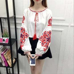 Women's Blouses Blouse National Style Embroidered Lace-Up Tassel V-Neck Lantern Sleeve Shirt Tops Loose All-Match Female Blusa W758