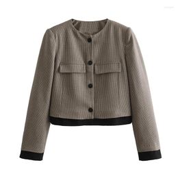 Women's Suits Cheque Cropped Blazer Women Long Sleeve Womens Jackets Vintage Short Coats Spring Fashion Woman Blazers 2024 Outerwear