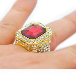 S Mens Hip Hop Full Diamond Rings Micro Pave Crystal Big Red Black Green Blue Stone Square Gold Silver Colour Ring4953782
