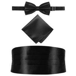 Men Bow Tie Ties Set Cumberbund Black Mens Cummerbund Holiday Bowties Sets Bowtie Fashion Smooth Tuxedo Handkerchief 240122