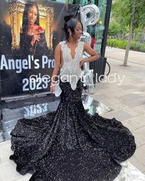 Sparkly Black Silver Mermaid Evening Party Dresses for Women Luxury Crystal Velvet Prom Ceremony Gown vestidos de gala mujer