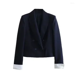 Women's Suits Cropped Blazer For Women Double Breasted Spring Jacket Long Sleeve Office Blazers Woman Pads Shoulder Coat