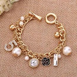 Charm Bracelets Camellia Bracelet For Women Gold Colour Multilayer Pearl Number 5 Vintage Charms Bangles Luxury Jewellery Gift