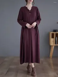 Casual Dresses Japanese Linen V-Neck Long Sleeve Dress 2024 Spring Lazy Irregular A-Line For Women Loose Clothing Z4926