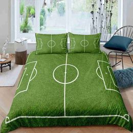 Set di biancheria da letto Copripiumino verde campo da calcio King Queen Copripiumino da campo da calcio Ragazzi Uomini Giochi sportivi Set di biancheria da letto Copripiumino in poliestere