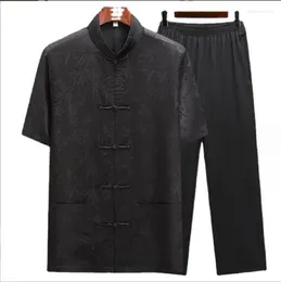 Ethnic Clothing Men Chinese Traditional High Quality Satin Tang Suit Casual Retro Suits Short Sleeve Pants Sets Size M-4XL