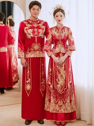 Modern Oriental Cheongsam Couple Red Satin Dragon and Phoenix Embroidery Qipao Chinese Traditional Wedding Dress 240131