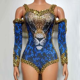 Stage Wear Blue Gold Leopard Rhinestones Bodysuit Halloween Cosplay Rave Outfit Women Dj Performance Gogo Dance Costumes XS7539