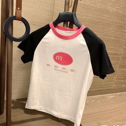 Designer women's T-shirt summer round neck short sleeved y2k letter pattern embellishment short top black and pink contrasting Colour girl daily minimalist