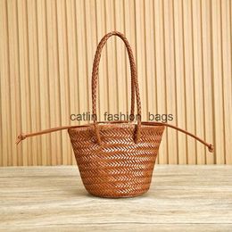 Shoulder Bags Top layer cowhide leather woven shoulder bag vintage genuine handmade vegetable basket travel beach toteH24217