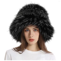 Berets Women's Thickened Warm Patchwork Color Fauxfur Basin Hat With Wide Brim For Autumn/Winter Headwear Over Ear Winter Men