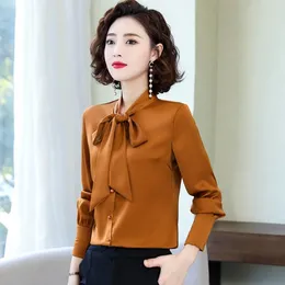 Women's Blouses Shirt Lace Up Top Bow Chiffon Woman Clothing Long Sleeved Spring Clothes Satin Slimming Blouse Temperament