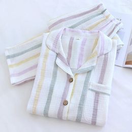 Women's Sleepwear 2024 Spring Cotton Gauze Pyjamas For Long Sleeved Home Clothing Colourful Striped Print Loungewear Lapel Trousers Pijamas