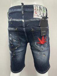 Men's Jeans 2024 Spring/Summer D2 Fashion Washed And Worn Hole Paint Speckled Slim Fit Micro Elastic Shorts Men