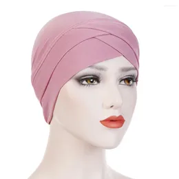 Ball Caps Women Stretchy Turban Hat Cross Head Wrap Cotton Hijab Cap Solid Colour Soft Headscarf Fashion Muslim Hats Scarf High Quality