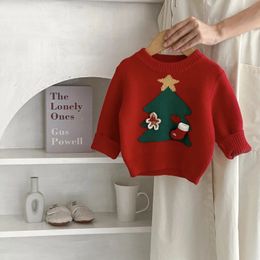 7607 Suéter de bebê outono e inverno árvore de Natal Suéter de menina jacquard pulôver suéter de malha tops 240129