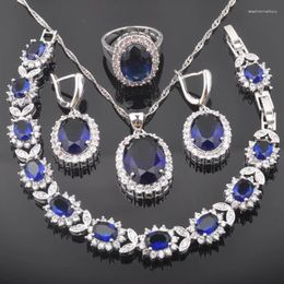 Necklace Earrings Set Classic Oval Sky Blue Zirconia Silver Colour For Women Wedding Bracelet Pendant Ring QS0460
