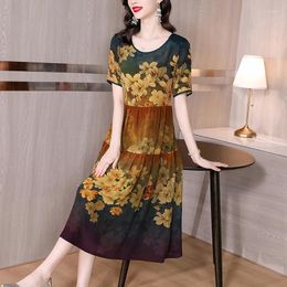 Party Dresses 2024 Print Natural Silk Light Midi Dress Summer Ruffled Short Sleeve Casual Women Korean Vintage Evening