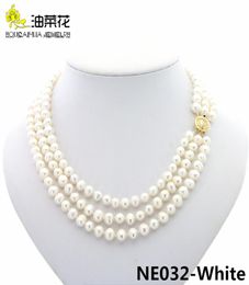 Fashion Charm 3Rows 78mm Natural White Akoya Cultured Pearls Necklace Jewelry Gold Button Woman Wedding Christmas Gift AAA 17192007578