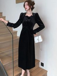 Casual Dresses Black Velvet For Special Events Women Autumn Winter Elegant Pleated Bodycon Long Dress 2024 Korean Vintage Evening