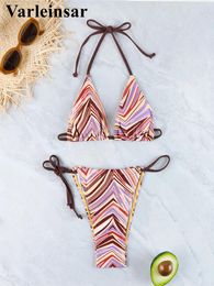 Women's Swimwear 4 Colors Striped Halter High Leg Cut Bikini Women Female Swimsuit Two-pieces Set Bather Bathing Suit Swim V5259