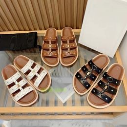 Platform slippers retro roman sandals designer summer flats genuine leather beach flip-flops rivets luxury open toe sliders brown