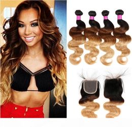 Blonde Lace Closure With Bundles Ombre Human Hair Peruvian Virgin Body Wave Hair Weaves 1B 4 27 1B 27 Hair Bundles With Closure2111720
