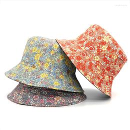 Berets Fashion Floral Print Bucket Hat Women Double Side Cotton Reversible Sun Protection Cap Female Panama Fisherman Hats