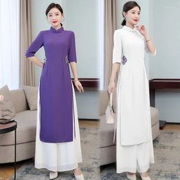 Ethnic Clothing Vintage Harajuku Purple Ao Dai Vietnam Solid Pants Two Piece Set Embroidery Chinese Style Women Slim Casual White Long Top
