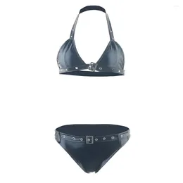 Bras Sets 2 Pcs Women Shiny Metallic Patent Leather Bikini Swimsuit Bra Triangle Swimwear Set