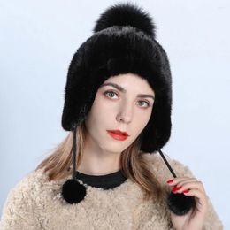 Berets Women Real Hat Winter Warm Earmuffs Cap Headwear Pompom Black