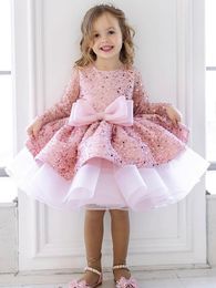 Sequined Pink Flower Sheer Neck Crystals Little Girl Wedding Big Bow Frist Communion Pageant Dresses Gowns Birthday Baby Peageant Dress 403